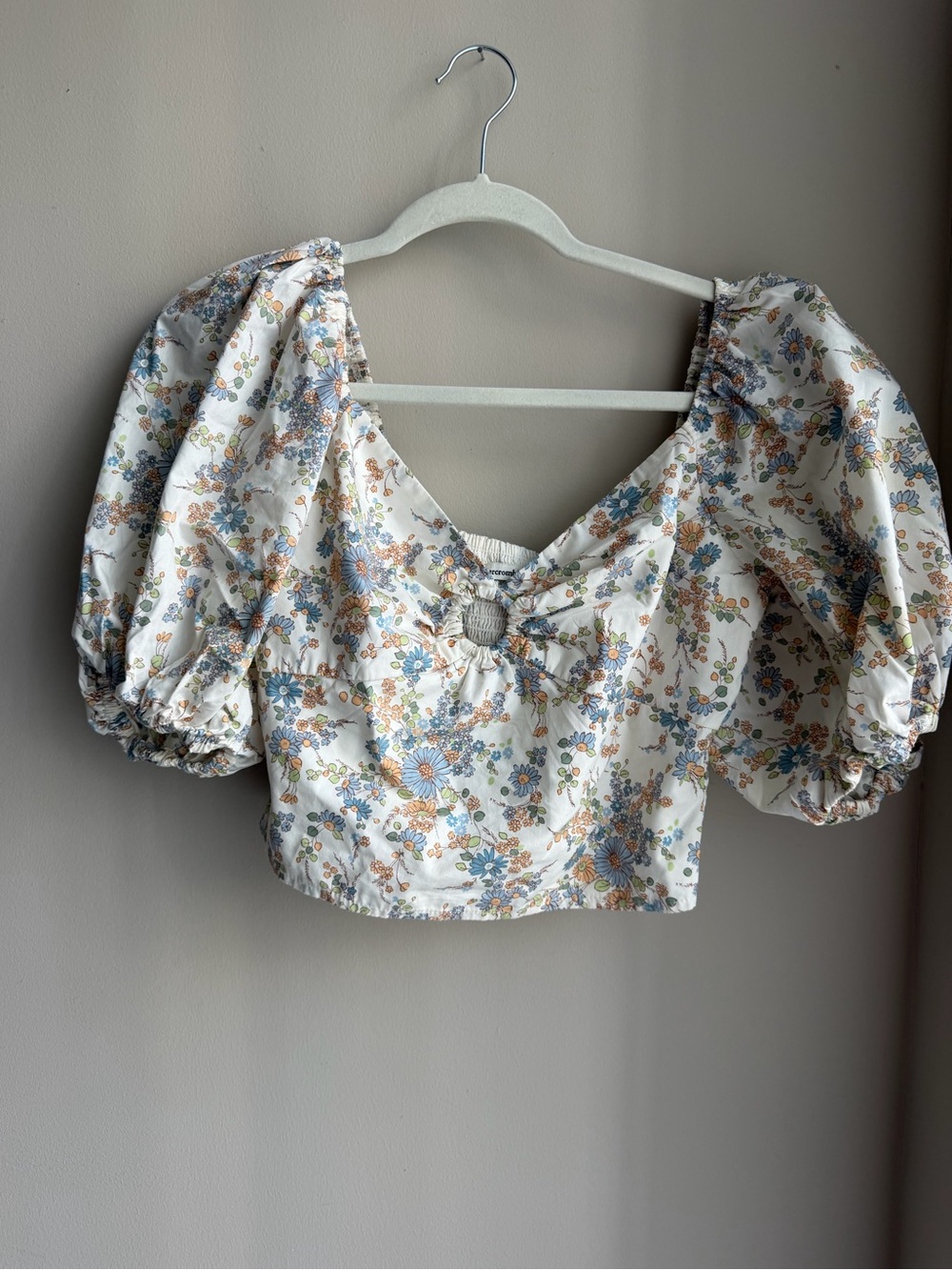 Abercrombie & Fitch Ivory Floral Puff-Sleeve Crop Top with Blue and Tan Accents
